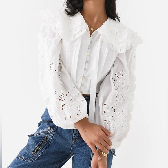 FARM RIO WOMEN'S RICHELIEU BIG COLLAR Eyelet BLOUSE Off White Sz S - Picture 5 of 16